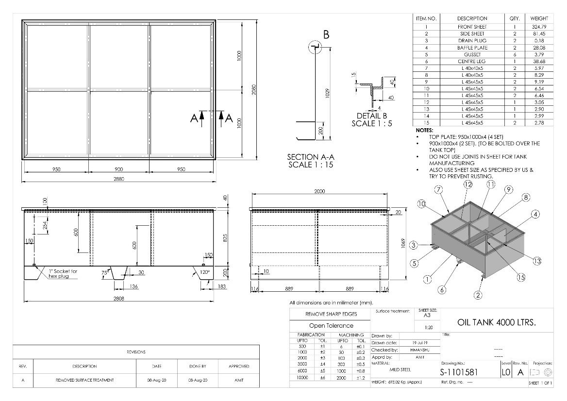 Dimensional drawing of a 4000 litre Hydraulic Reservoir